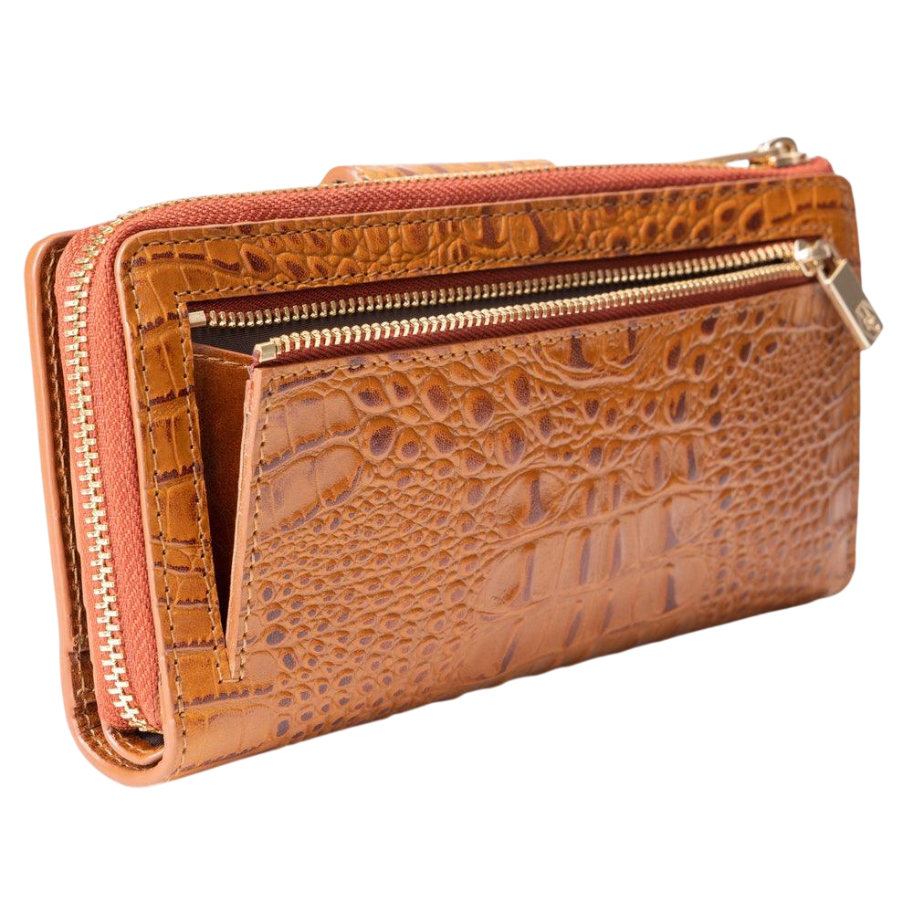 Cognac tan croco leather bifold and traveler wallet set close-up by Hedonist Chicago
