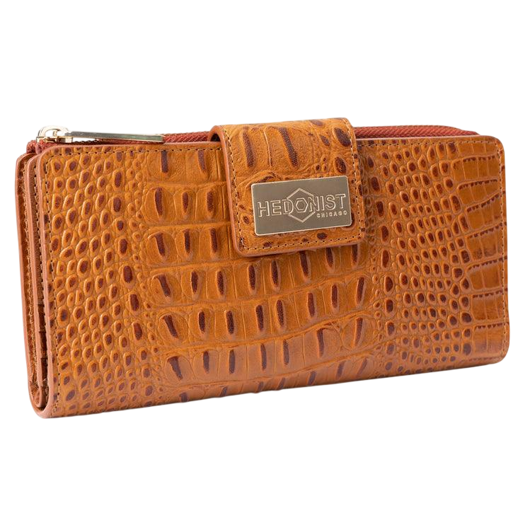 Cognac tan croco leather bifold and traveler wallet set flatlay by Hedonist Chicago