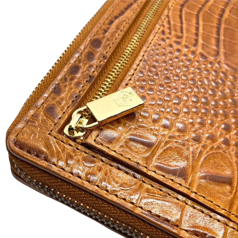 Cognac tan croco leather bifold and traveler wallet set interior by Hedonist Chicago