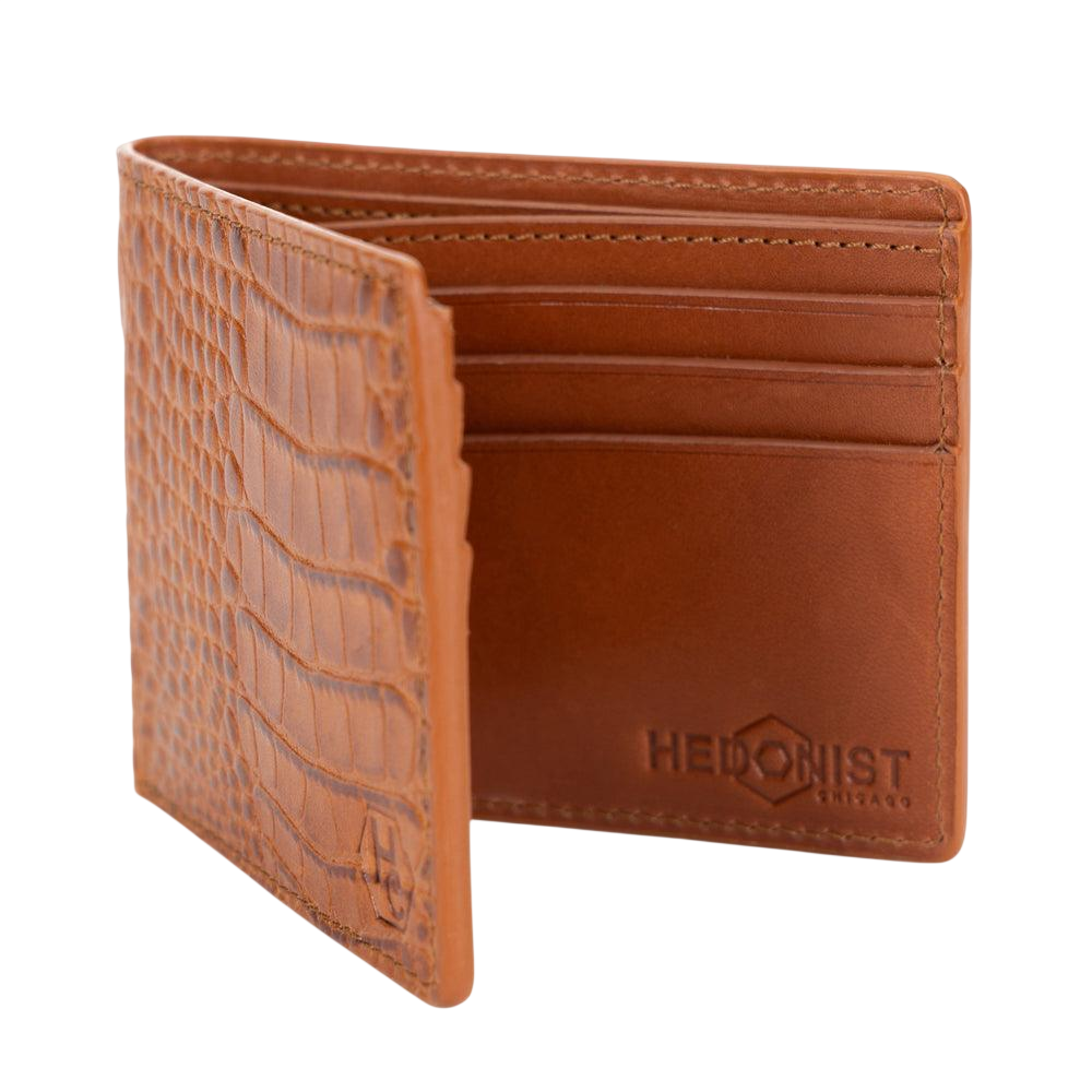 Cognac tan croco leather bifold and traveler wallet set open view by Hedonist Chicago