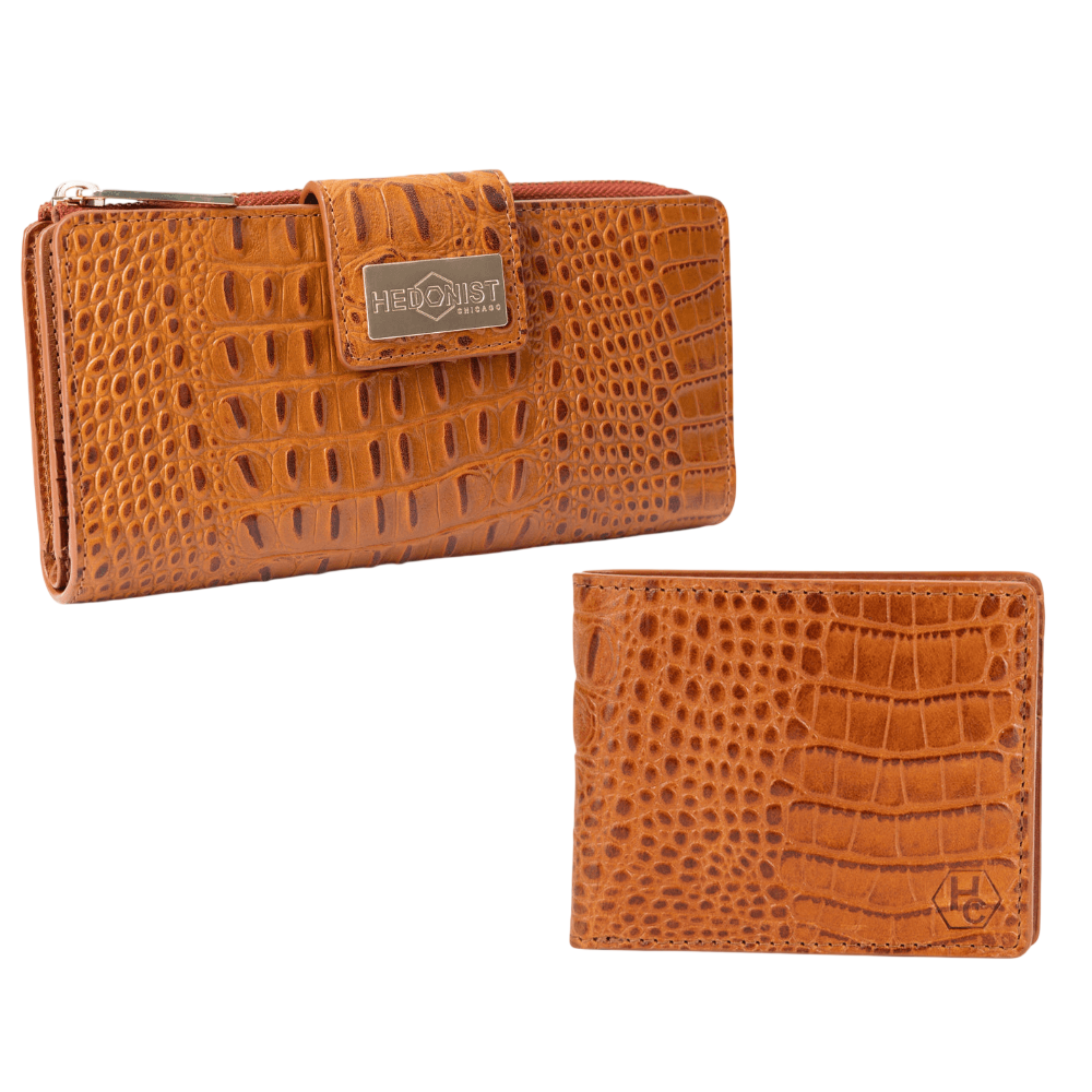 Cognac tan croco leather bifold and traveler wallet set pair by Hedonist Chicago