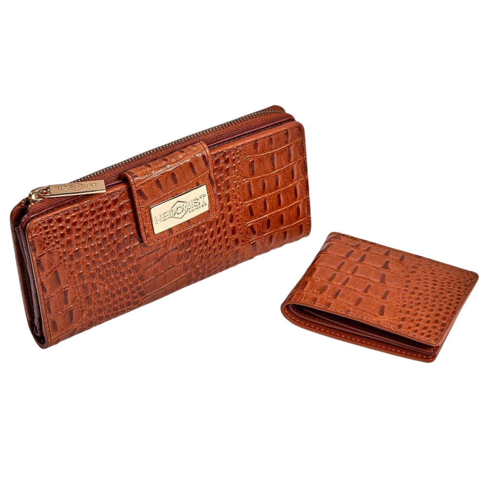 Cognac tan croco leather bifold and traveler wallet set by Hedonist Chicago