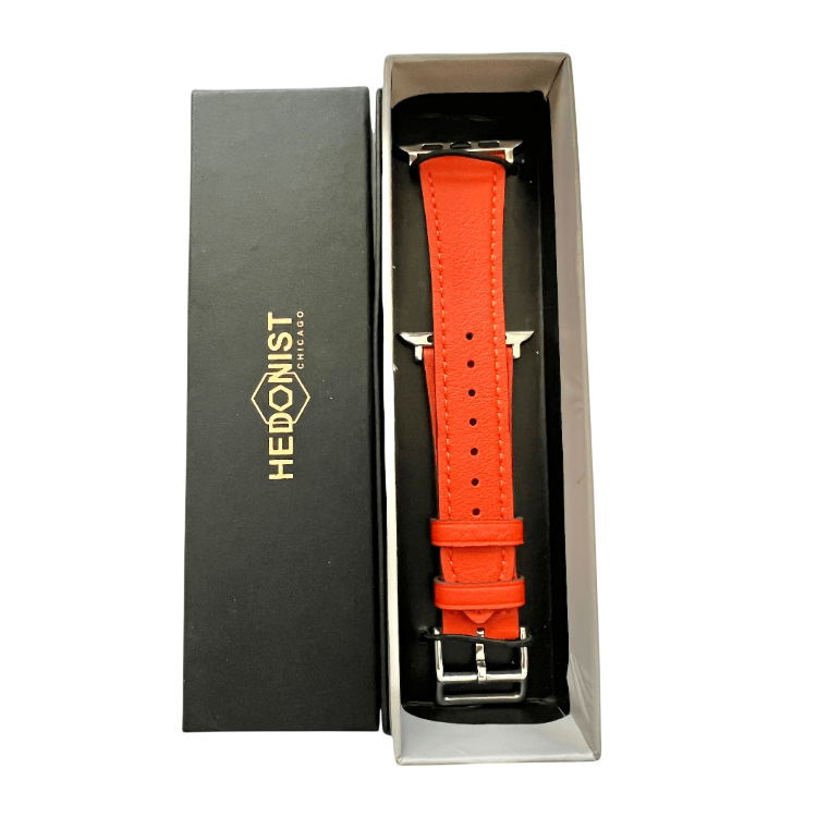 Cold orange leather Apple Watch band, presented in gift box