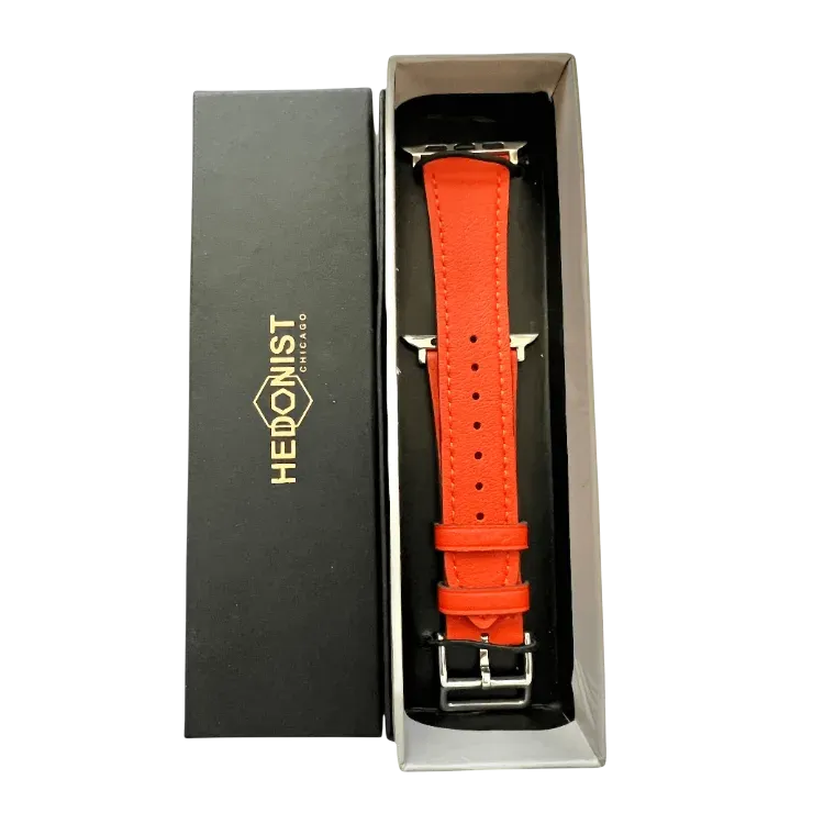 Cold orange leather Apple Watch band, presented in gift box