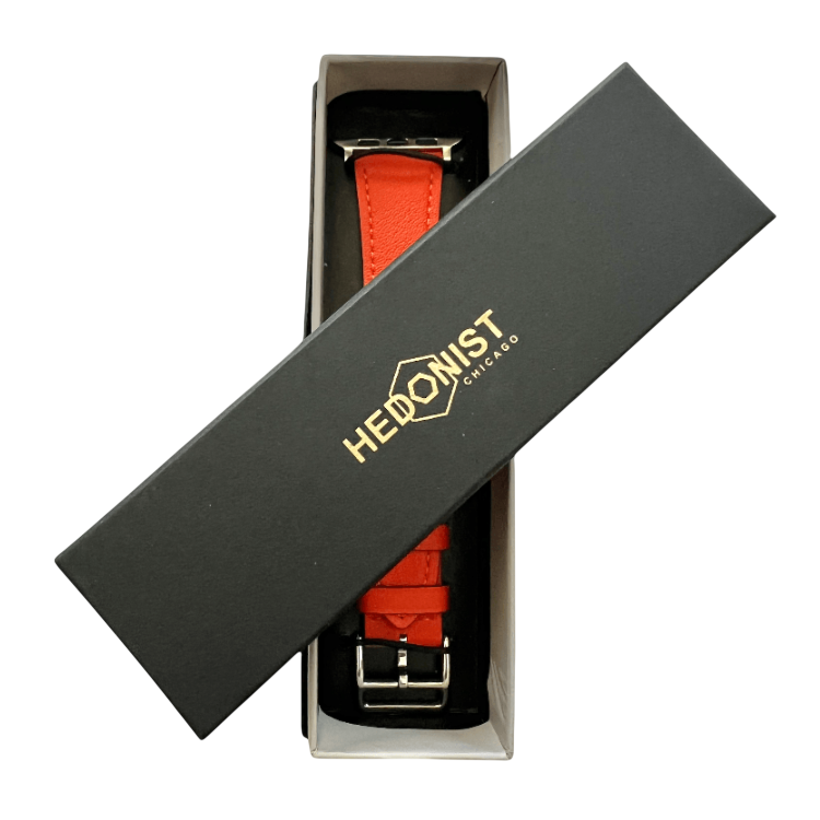 Cold orange leather Apple Watch band, packaging close-up
