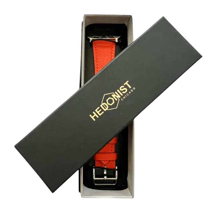 Cold orange leather Apple Watch band, packaging close-up