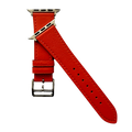 Cold orange leather Apple Watch band, side view with stainless steel lugs