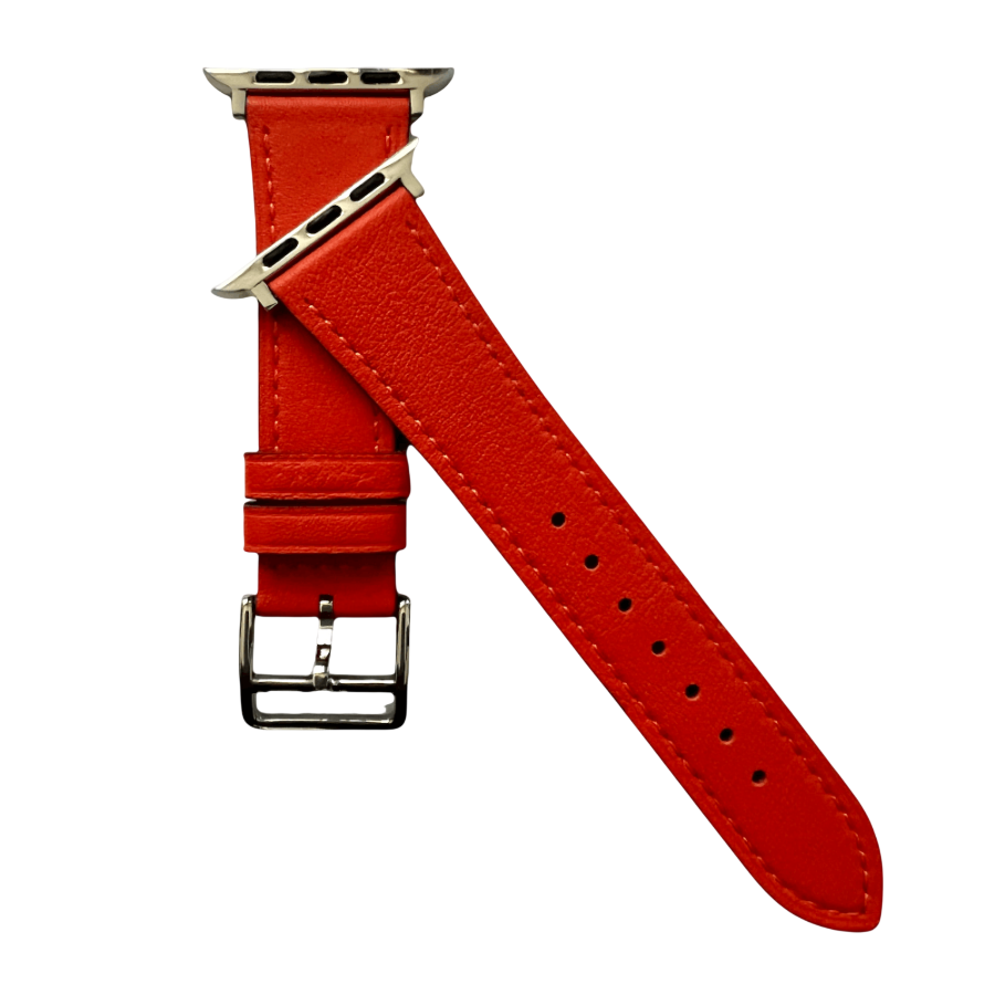 Cold orange leather Apple Watch band, side view with stainless steel lugs