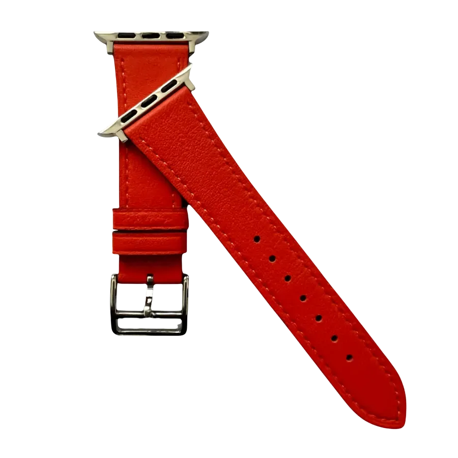 Cold orange leather Apple Watch band, side view with stainless steel lugs