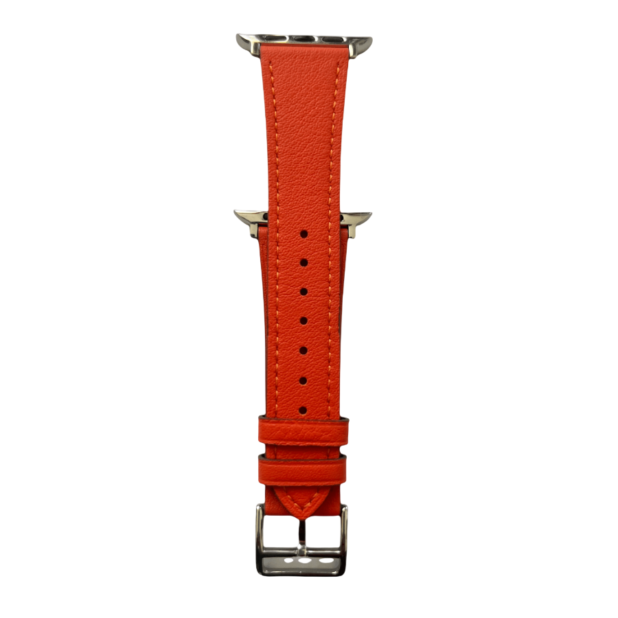 Cold orange leather Apple Watch band, connector and stitching detail