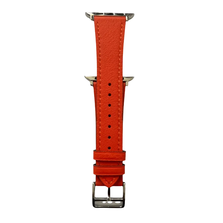 Cold orange leather Apple Watch band, connector and stitching detail