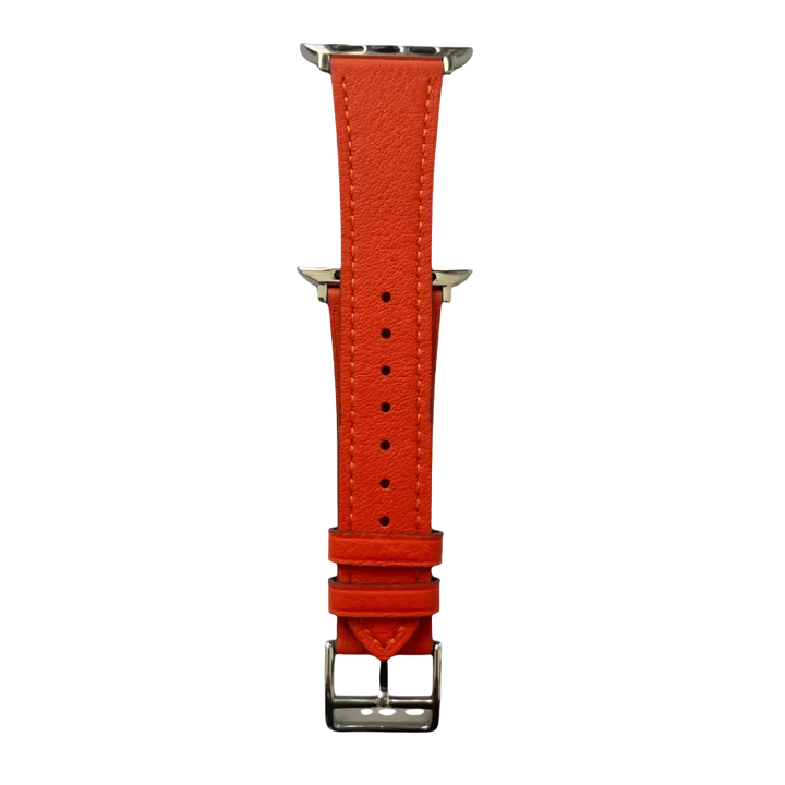 Cold orange leather Apple Watch band, connector and stitching detail
