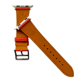 Cold orange leather Apple Watch band, texture and buckle detail close-up