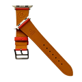 Cold orange leather Apple Watch band, texture and buckle detail close-up