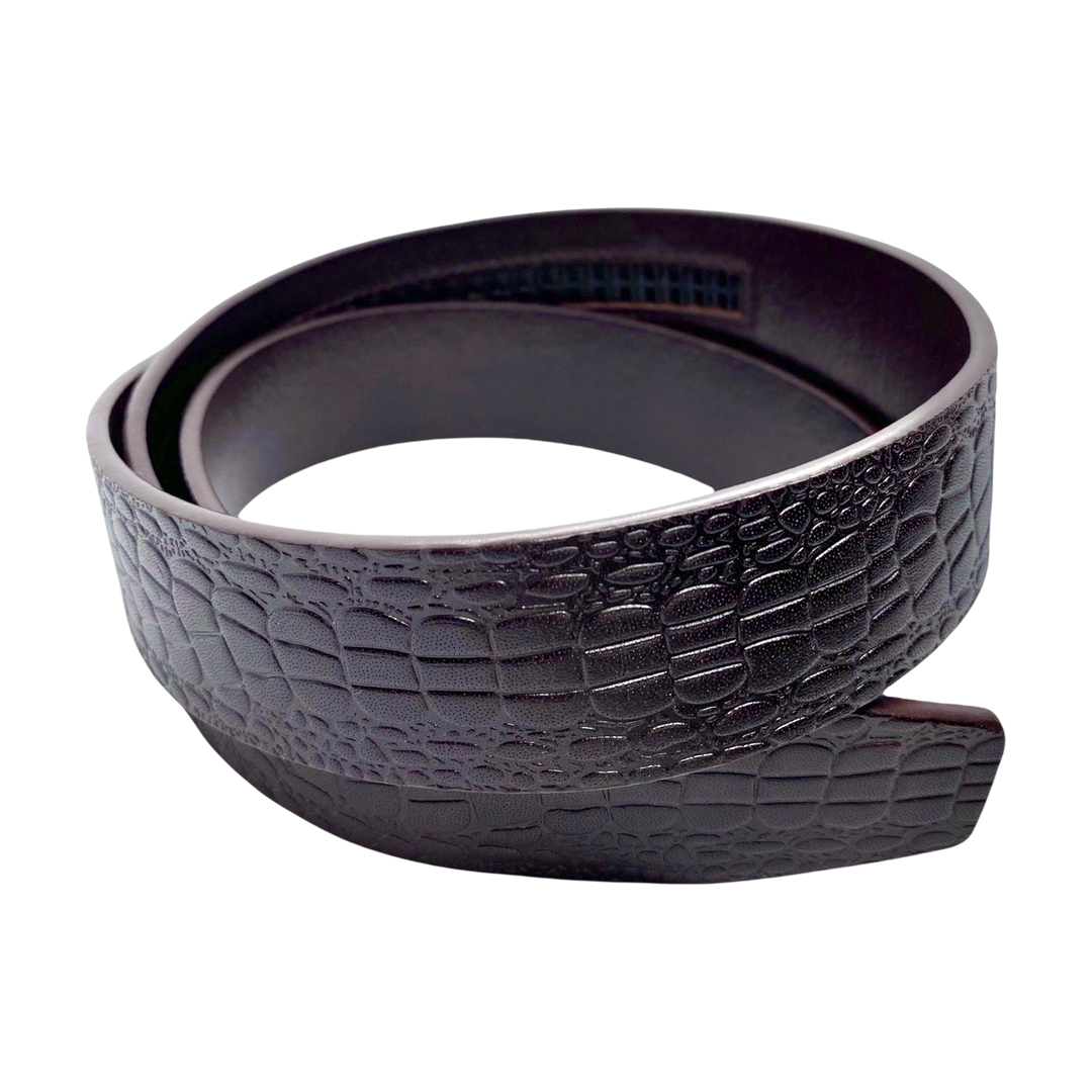 Dark brown croco-embossed leather belt strap, 1.38 inch, classic front view