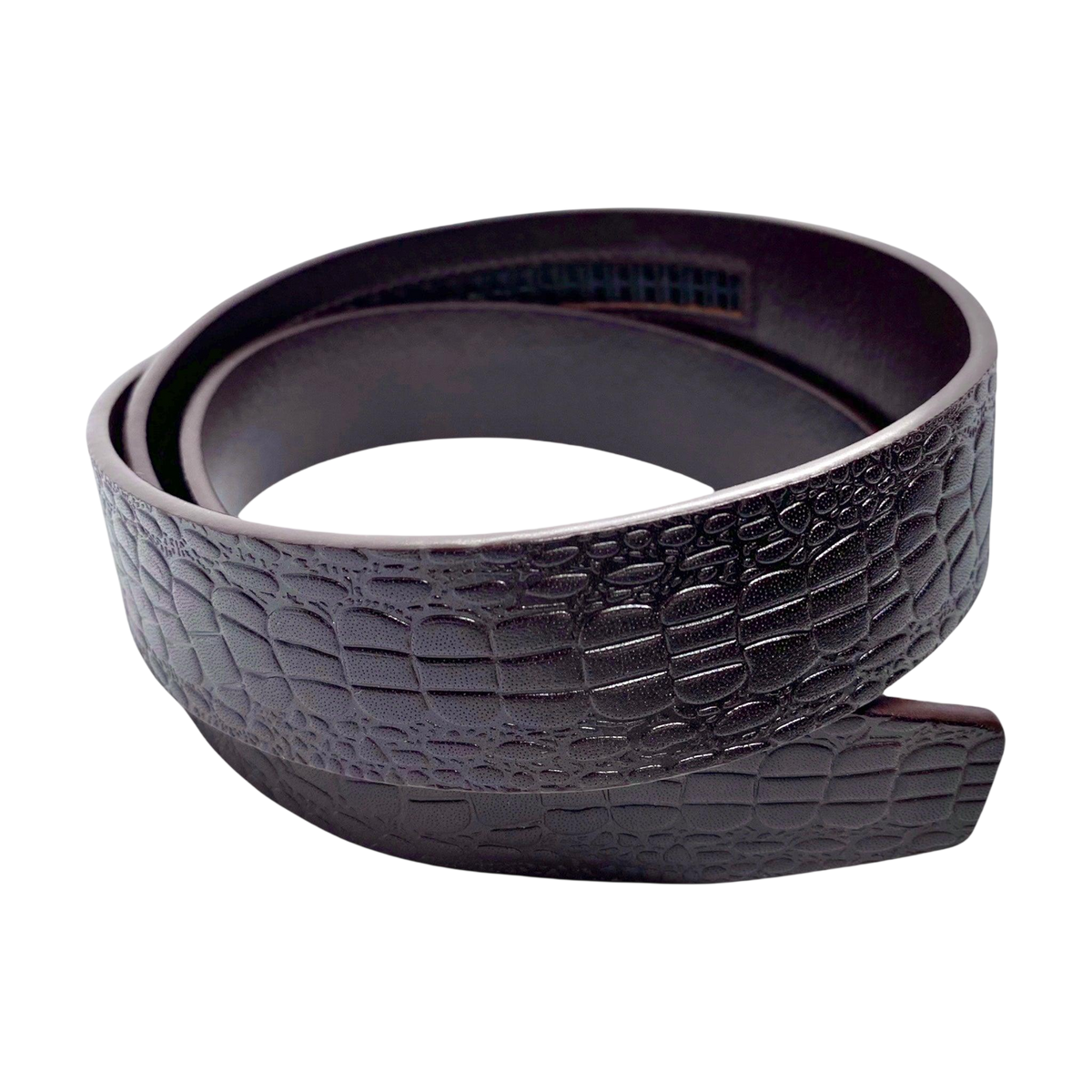 Dark brown croco-embossed leather belt strap, 1.38 inch, classic front view