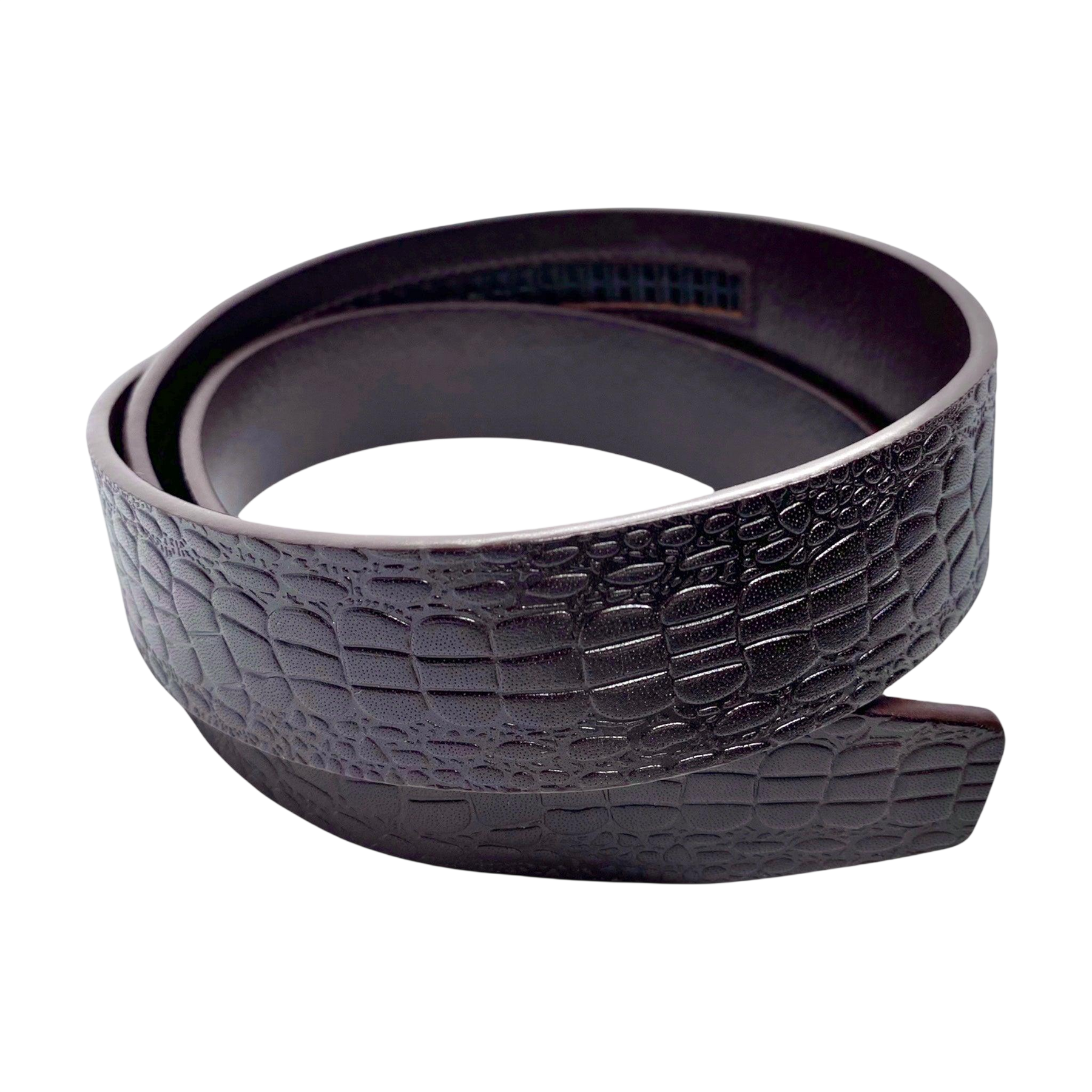 Dark brown croco-embossed leather belt strap, 1.38 inch, classic front view