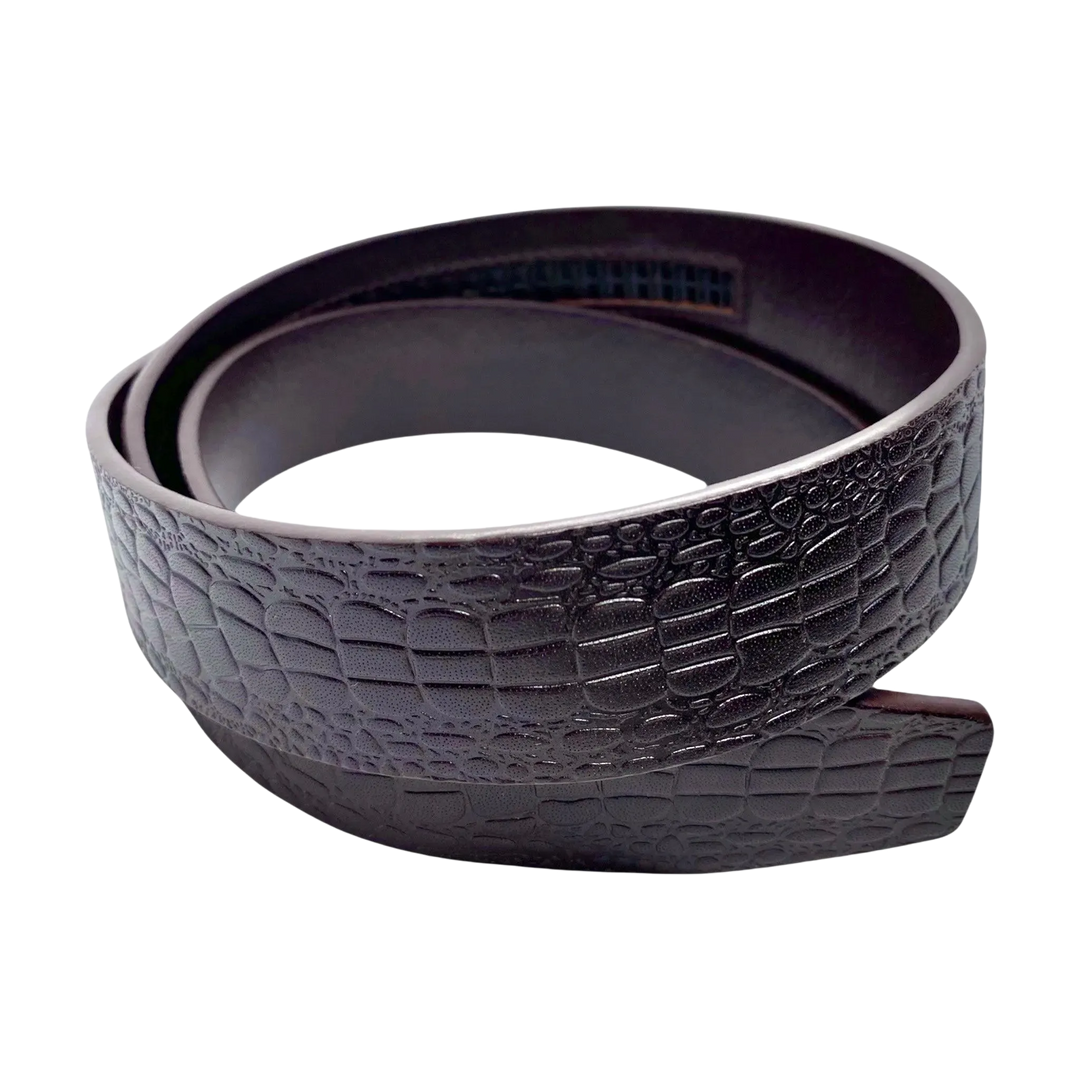 Dark brown croco-embossed leather belt strap, 1.38 inch, classic front view