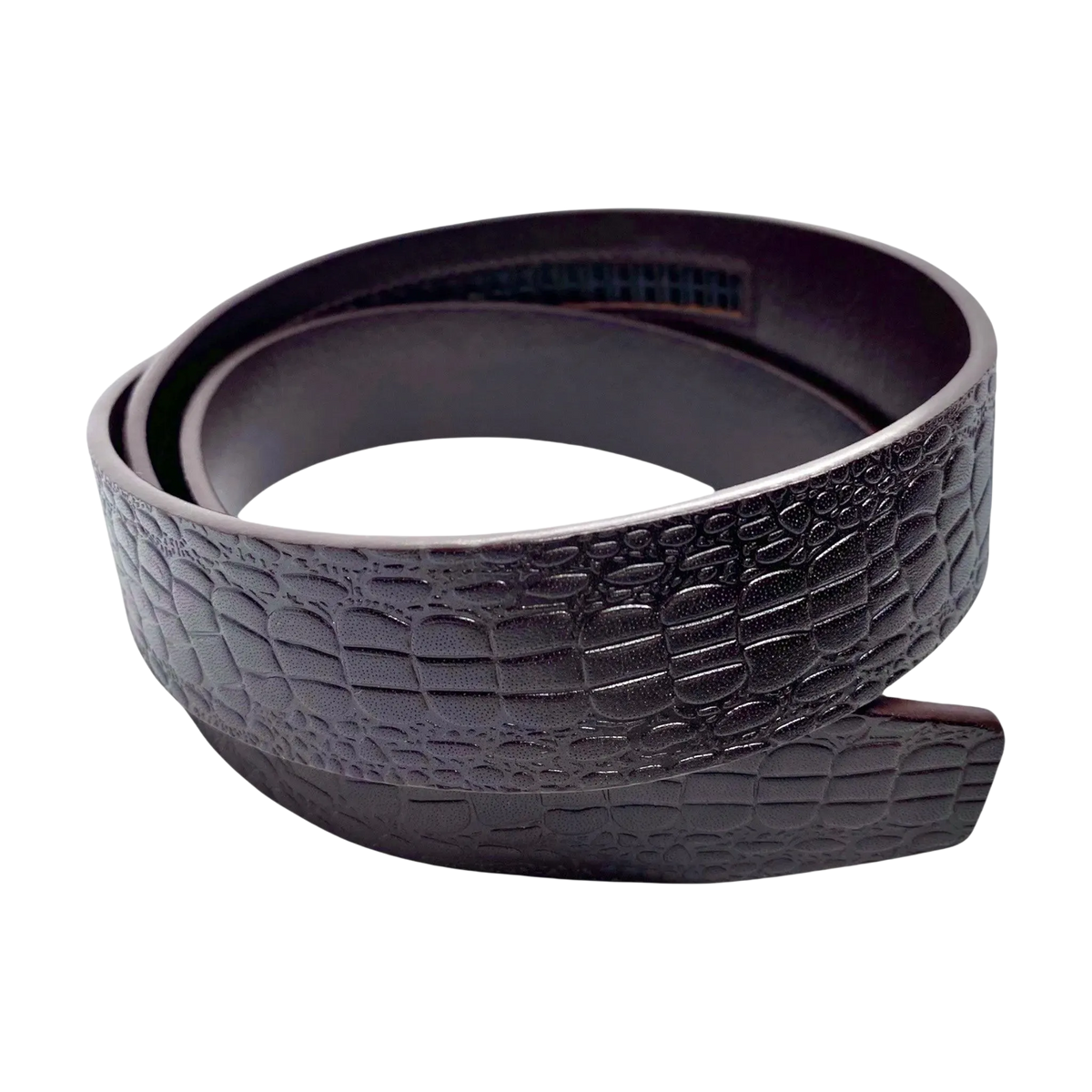 Dark brown croco-embossed leather belt strap, 1.38 inch, classic front view