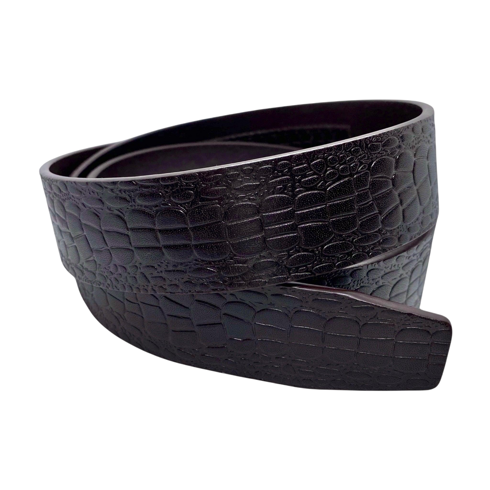 Dark brown croco-embossed leather belt strap, 1.38 inch, monogram detail close-up