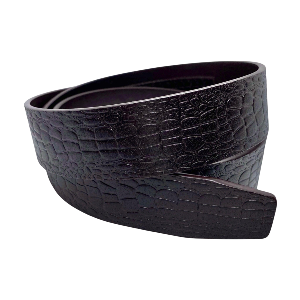 Dark brown croco-embossed leather belt strap, 1.38 inch, monogram detail close-up