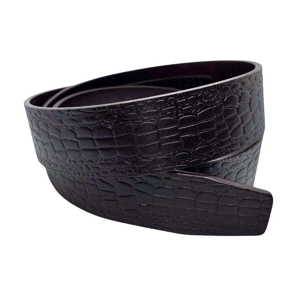 Dark brown croco-embossed leather belt strap, 1.38 inch, monogram detail close-up