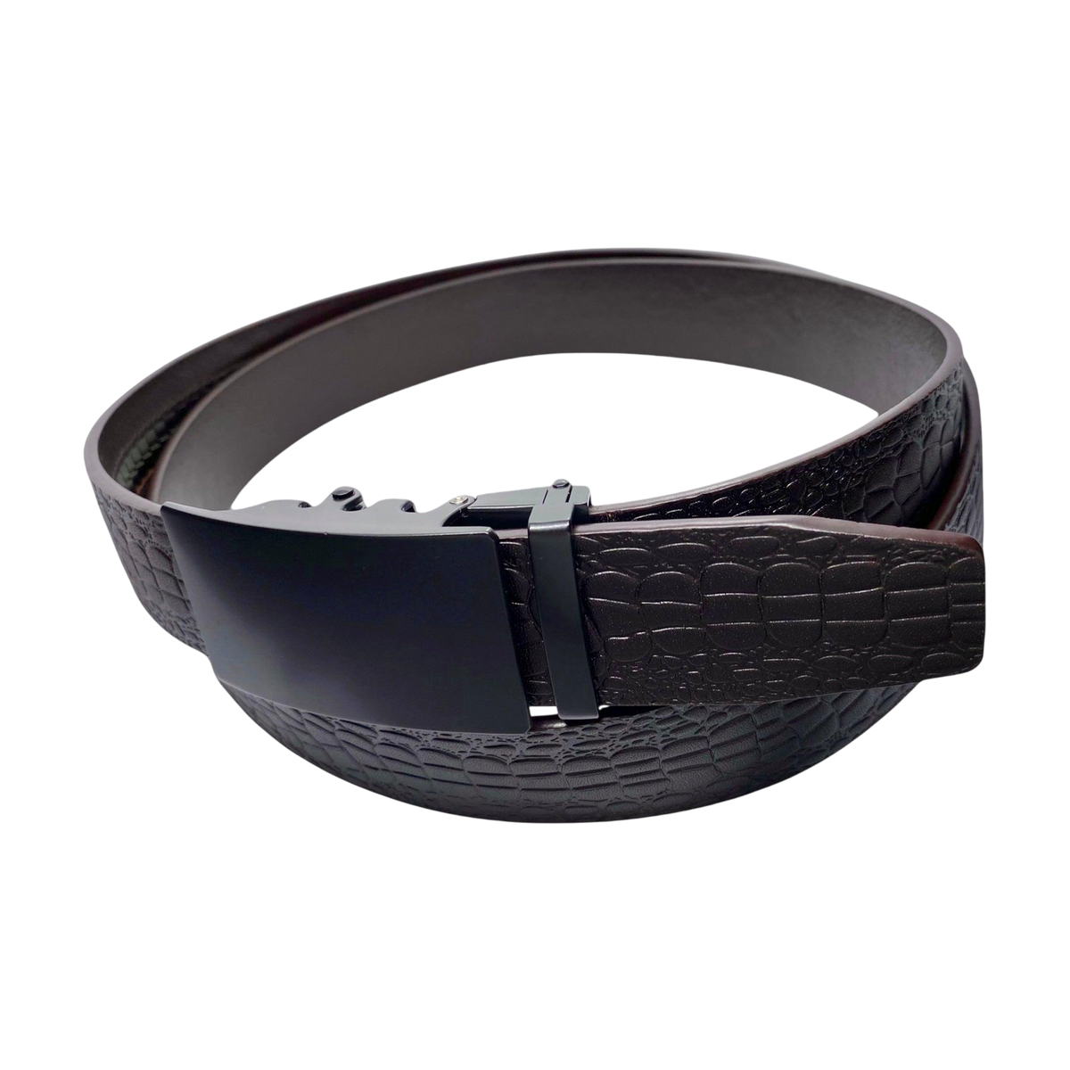 Dark brown croco leather ratchet belt with black buckle, buckle detail close-up