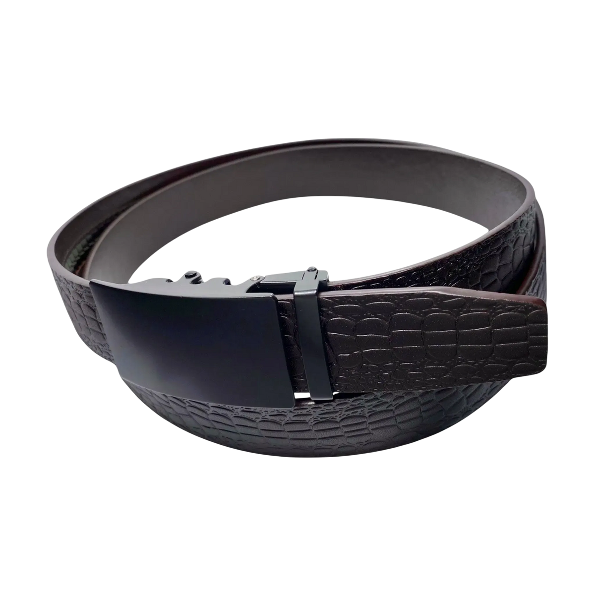 Dark brown croco leather ratchet belt with black buckle, buckle detail close-up