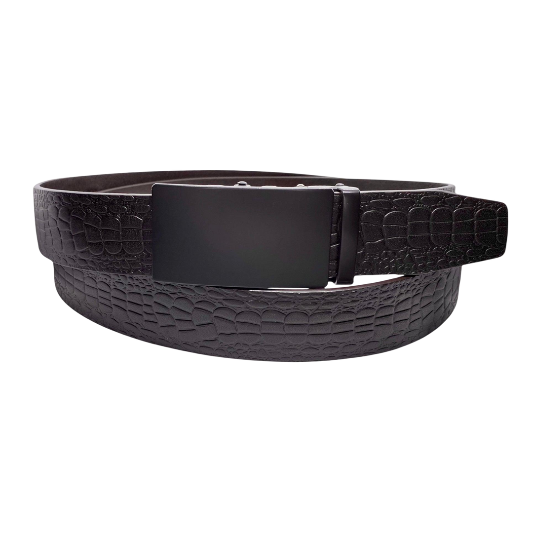 Dark brown croco leather ratchet belt with black buckle, front view