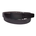 Dark brown croco leather ratchet belt with black buckle, front view