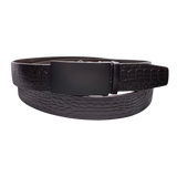 Dark brown croco leather ratchet belt with black buckle, front view