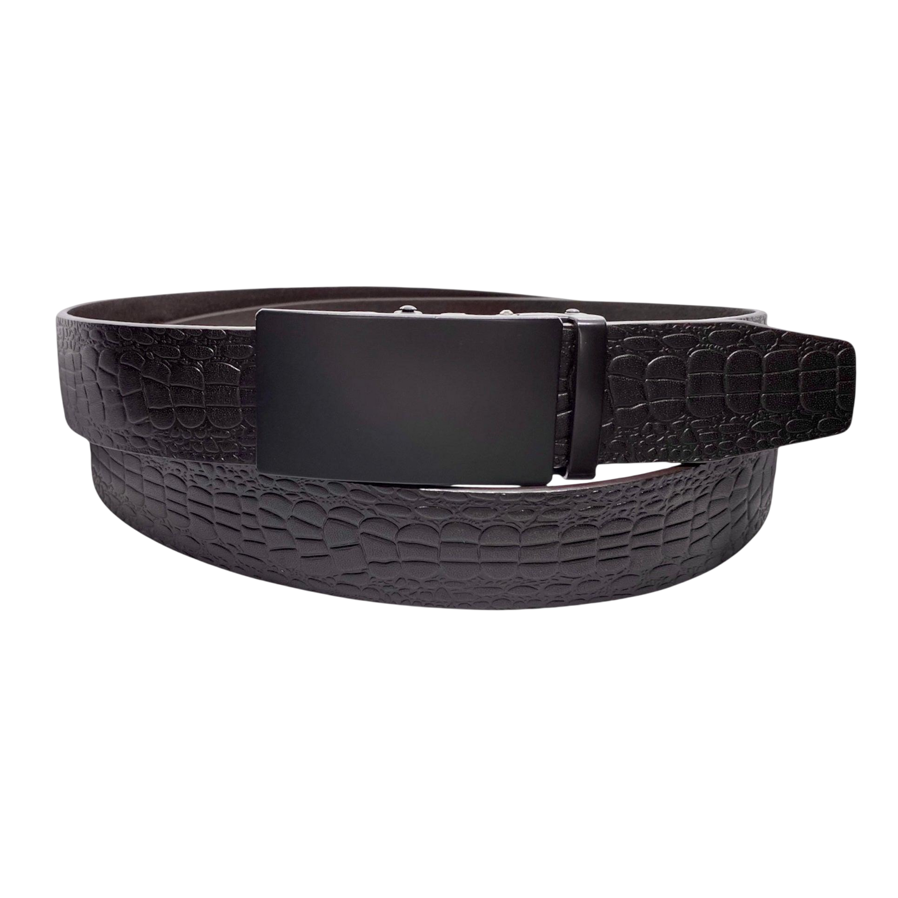 Dark brown croco leather ratchet belt with black buckle, front view
