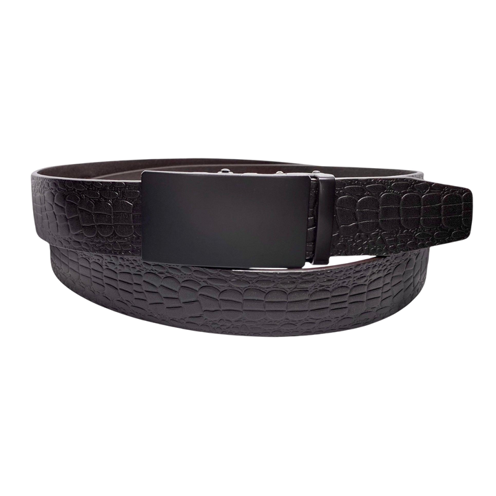 Dark brown croco leather ratchet belt with black buckle, front view