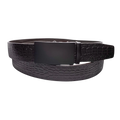 Dark brown croco leather ratchet belt with black buckle, front view