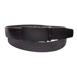 Dark brown croco leather ratchet belt with black buckle, front view