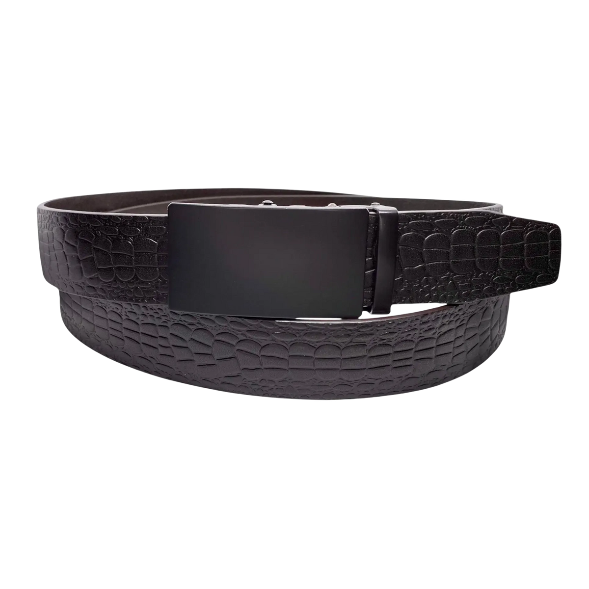 Dark brown croco leather ratchet belt with black buckle, front view