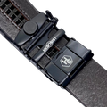 Dark brown croco leather ratchet belt with black buckle, hardware close-up