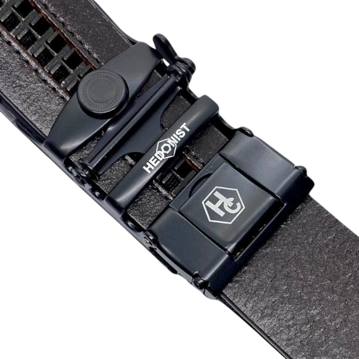 Dark brown croco leather ratchet belt with black buckle, hardware close-up