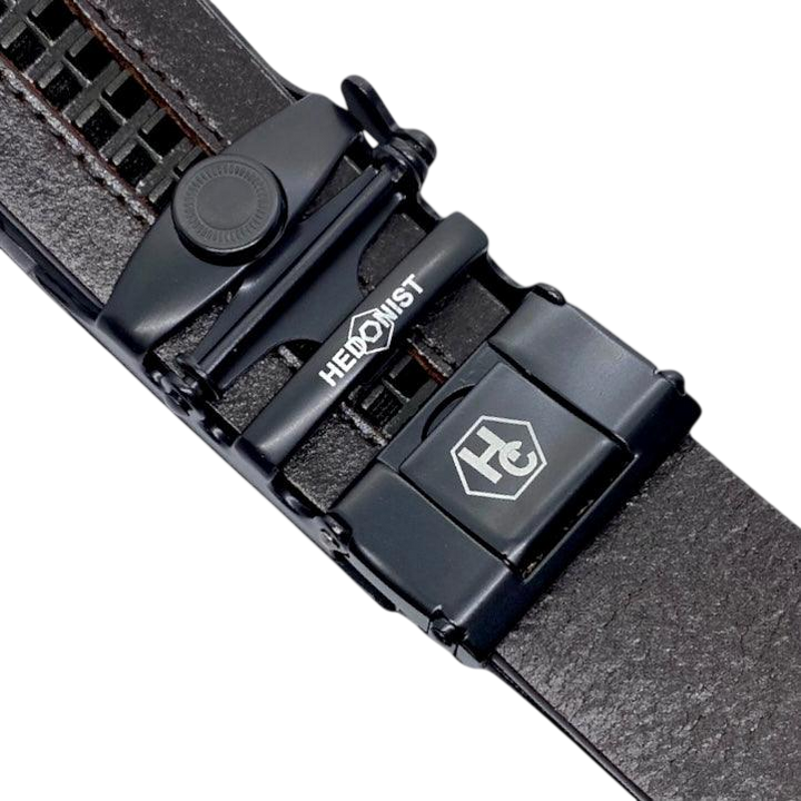 Dark brown croco leather ratchet belt with black buckle, hardware close-up