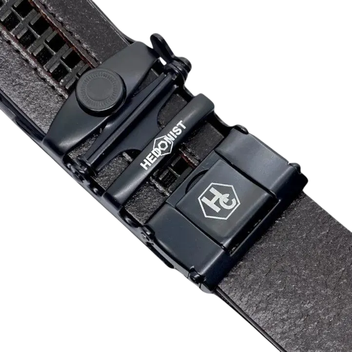 Dark brown croco leather ratchet belt with black buckle, hardware close-up