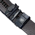Dark brown croco leather ratchet belt with black buckle, hardware close-up