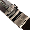 Dark brown croco leather ratchet belt with gunmetal frame buckle, buckle close-up