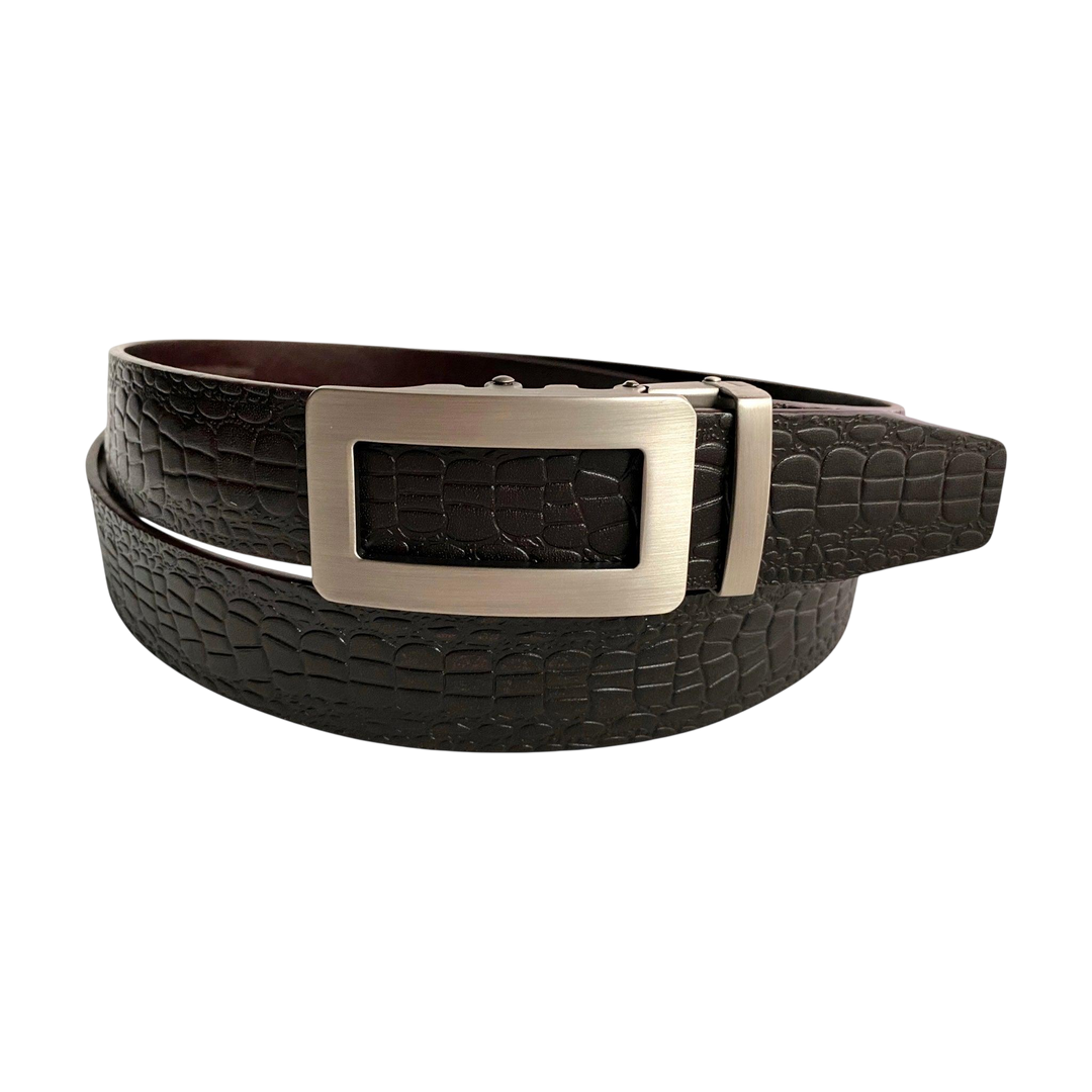 Dark brown croco leather ratchet belt with gunmetal frame buckle, front view