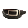 Dark brown croco leather ratchet belt with gunmetal frame buckle, front view