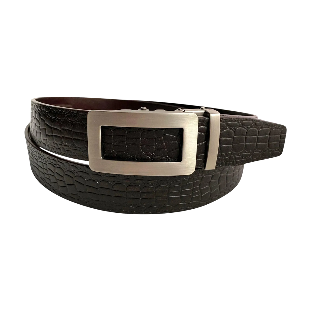 Dark brown croco leather ratchet belt with gunmetal frame buckle, front view
