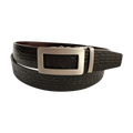 Dark brown croco leather ratchet belt with gunmetal frame buckle, front view