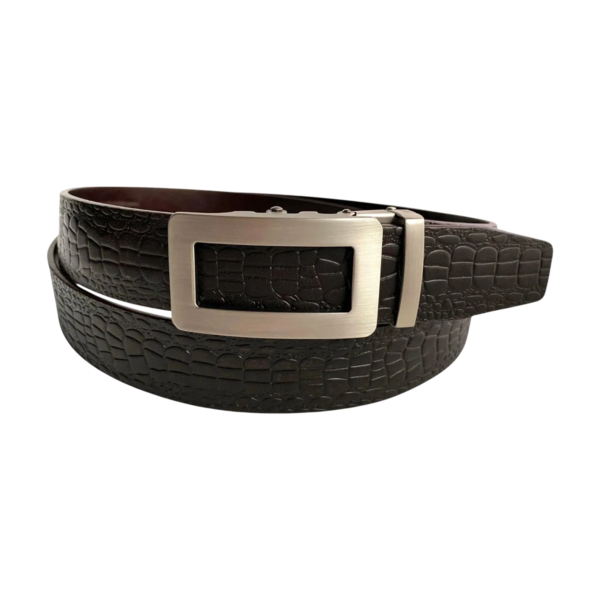 Dark brown croco leather ratchet belt with gunmetal frame buckle, front view