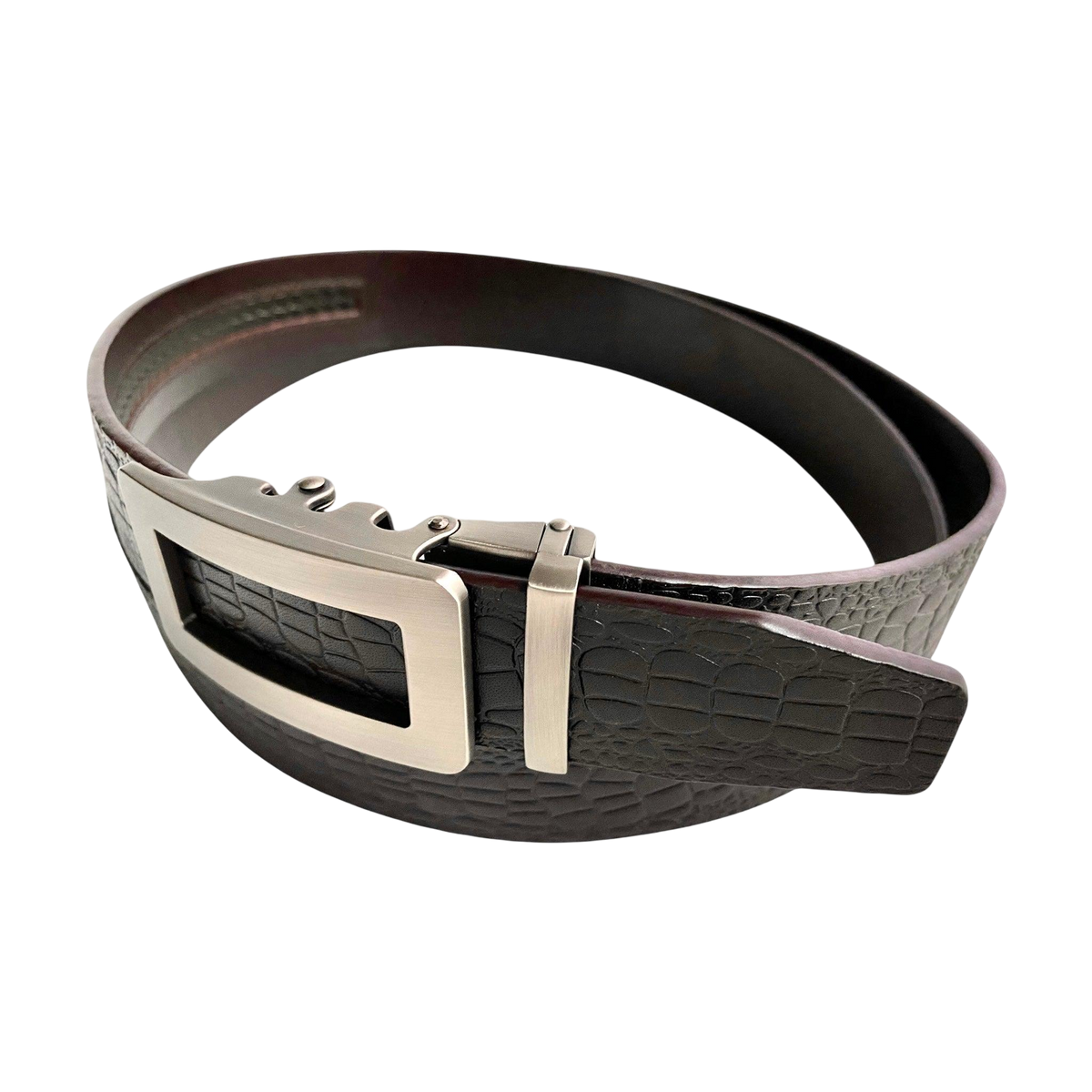 Dark brown croco leather ratchet belt, strap texture close-up