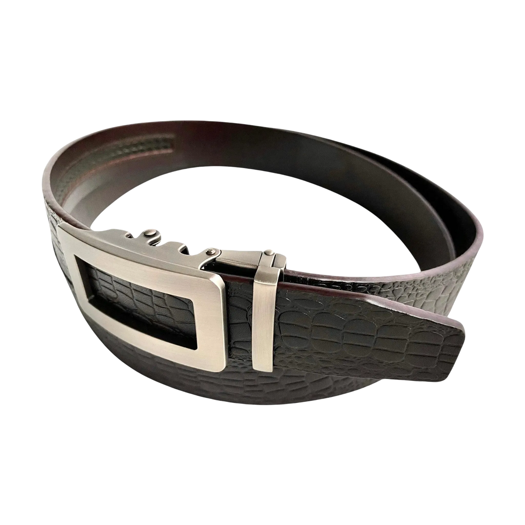 Dark brown croco leather ratchet belt, strap texture close-up