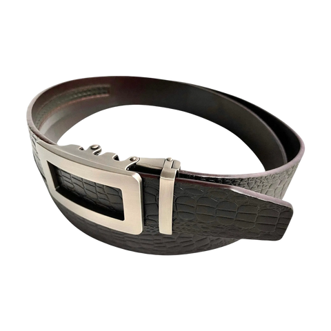 Dark brown croco leather ratchet belt, strap texture close-up